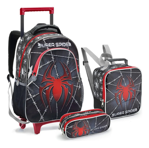 Kit Mochila Rodinha Menino Homem Aranha Estojo + Lancheira