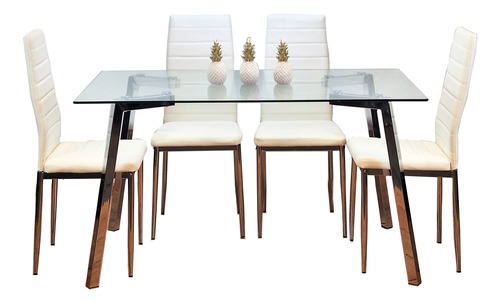 Juego Comedor Mesa Vidrio 140 + 4 Sillas Cromadas Eco-cuero