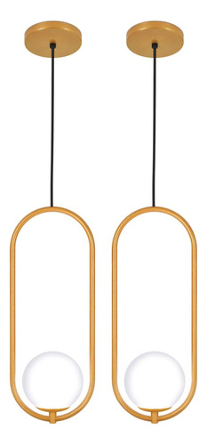 Kit 2 Luminárias Pendente Arco Globo Vidro Sala Cama Dourado