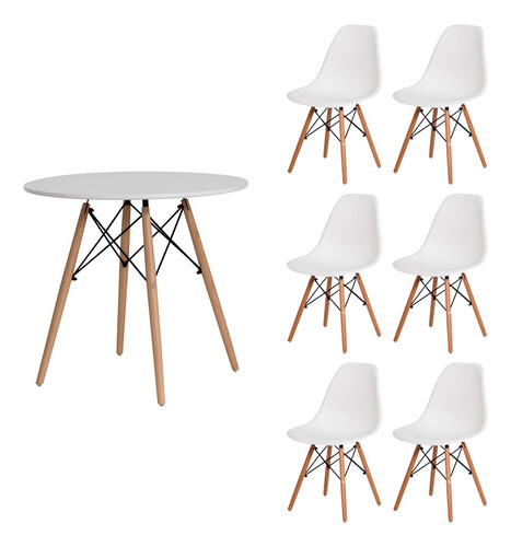 Mesa Redonda Eiffel De Jantar 110cm + 6 Cadeira Eiffel Eames Cor Branco