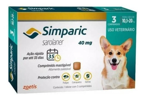 Simparic Antipulgas Carrapatos E Sarnas 40mg 10 A 20 Kg 3 Cp