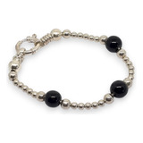 Pulsera Plata 925 Bolitas Y Piedras Naturales Negra