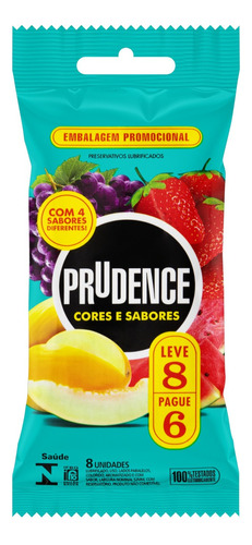 Preservativo Masculino Lubrificado Prudence Cores E Sabores Pacote Leve 8 Pague 6 Unidades