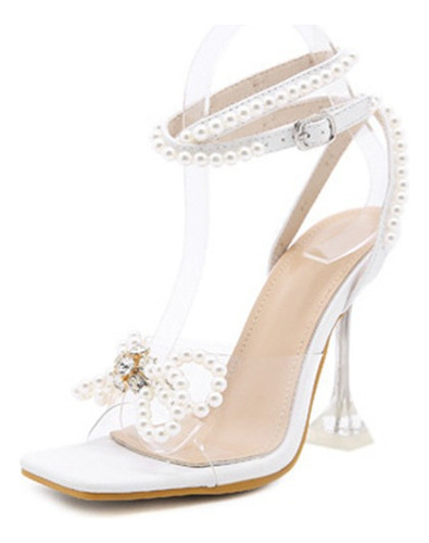 Sandalias De Tacón Cuadrado Para Mujer Zapatos Con Perlas
