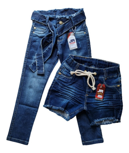 Combo Calça Jeans Infantil Menina + Shorts Jeans Com Lycra