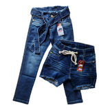 Combo Calça Jeans Infantil Menina + Shorts Jeans Com Lycra