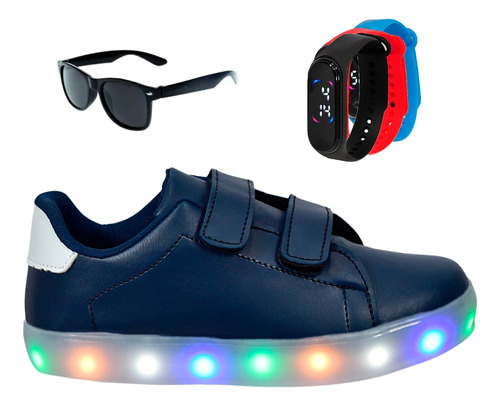 Tênis Infantil Masculino Led Casual Novo + Relógio Óculos 