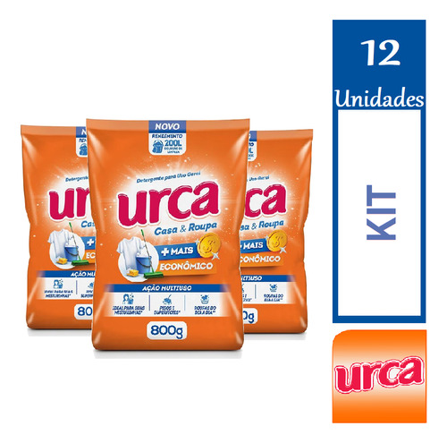 Kit 12 Pacote Detergente Urca Casa E Roupa Sabão Em Pó 800g