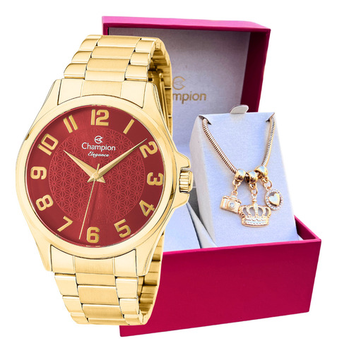 Relógio Champion Feminino Golden Luxo + Pulseira Berloque