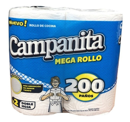 Rollos De Cocina Campanita 200 Paños Pack 2 Rollos Doble H