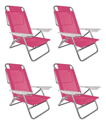 Kit Cadeiras De Praia Reclinável Alumínio Reforçada Rosa Mor