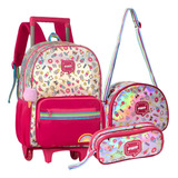 Kit Mochila Infantil Com Brilho Escolar Feminina Com Rodinha