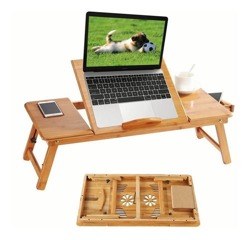 Mesa Plegable Laptop Escritorio Cama Bambu Ajustable 70x35cm