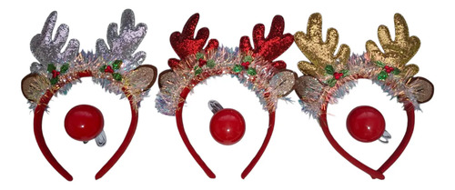 3 Diademas Navideña Reno Cuernos Alce + 3 Nariz Reno Luz Led