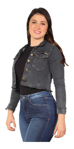 Jaqueta Jeans Feminina Curta Cropped Lycra Rasgada Escura