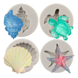 4pcs Molde De Silicon Concha Estrella De Mar Tortuga Fondant