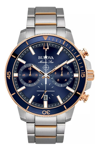 Reloj Bulova Marine Star 98b301 Original Hombre E-watch Color De La Correa Acero/dorado Color Del Bisel Azul Color Del Fondo Azul