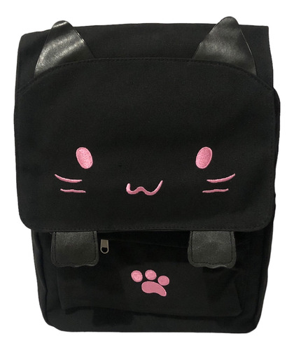 Mochila Backpack Escolar Kawaii Negra Gato Bordado Rosa  