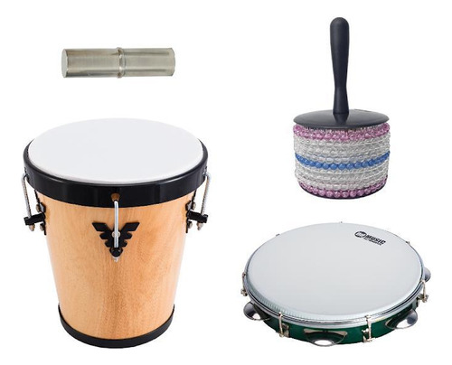 Kit Percussão Md: Timba 35cm X 10pol + Pandeiro + Afuchê +