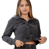 Jaqueta Cropped Jeans Feminina  Curta Manga Comprida 