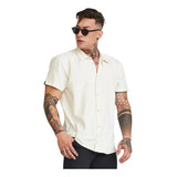 Camisa Masculina Manga Curta Viscose Com Linho Crú Casual 