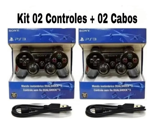 Kit 2 Controles Ps3 Sony Sem Fio + 2 Cabos + Brinde Extra