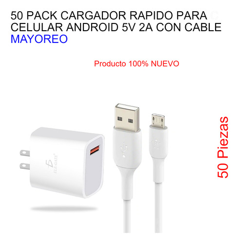 50 Pack Cargador Rapido Para Celular Android 5v 2a Con Cable