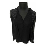 Mango Blusa Tela Transparente Negra Con Tejido Gris Talla Ch