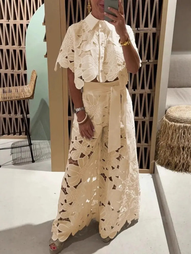 Conjunto De Camisa Y Pantalones De Encaje Hueco Para Mujer