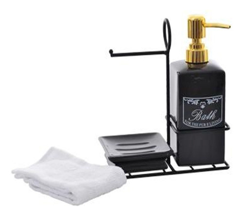 Kit Banheiro Porcelana Com Suporte Metal E Toalha 4pçs Cor Preto