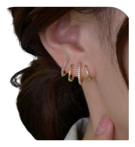 Brinco Feminino 4 Ponta Ear Cuff Folhado Cravejado Zircônia