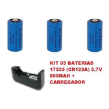 Kit 03 Bateria Icr17335 Cr123a 3,7v 800mah + Carregador 3,7v