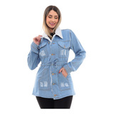 Jaqueta Parka Jeans Feminina Clara Com Pelinho Na Lateral 