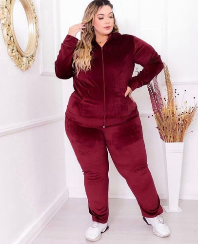 Conjunto Plush Plus Size Blusa Jaqueta Zíper E Calça Femini