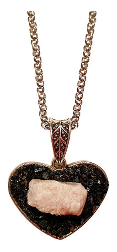 Collar Corazón De Turmalina Negra Y Rosa Con Cadena De Acero