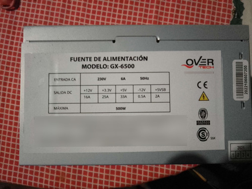 Fuente Overtech Gx-6500 500w Atx Pc 