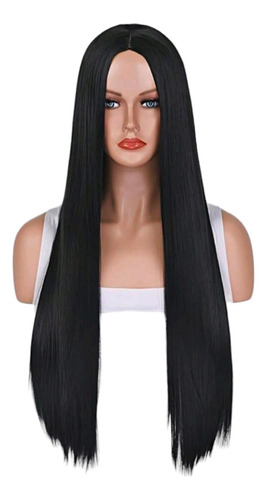 Peluca Negra Lisa ( Negro Total ) Sin Fleco Cabello Largo 