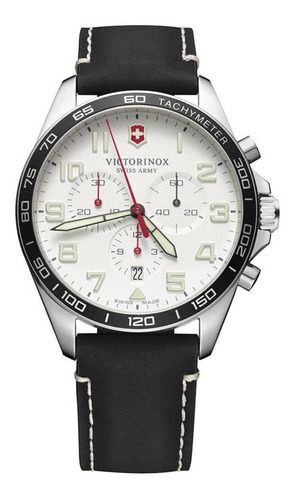 Reloj De Pulsera Victorinox Fieldforce Chrono De Cuerpo Color Plata, Analógico, Para Hombre, Fondo Blanco, Con Correa De Cuero Color Negro, Agujas Color Blanco, Negro Y Rojo, Dial Blanco, Subesferas C