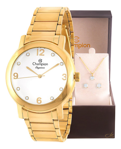 Relogio Champion Feminino Dourado Grande Cn25654w + Semijoia