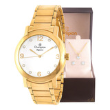 Relogio Champion Feminino Dourado Grande Cn25654w + Semijoia