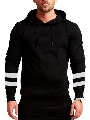 Buzo Franjas Canguro Capucha Hombre Slim Fit Hoodie Camperas