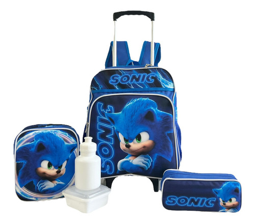 Kit Mochila Escolar Infantil Sonic 2 Rodinhas M F5 Meninos