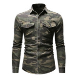 Camisa Vaquera Camuflada Verde Militar De Manga Comprimida