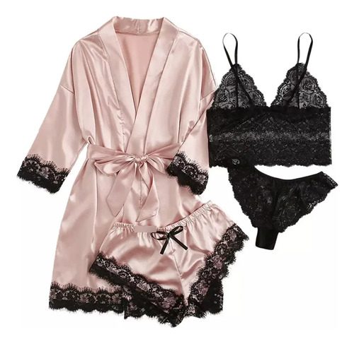 4pcs Bata Dormir Mujer Pijamas Sexsy Batas Satin Para Novia