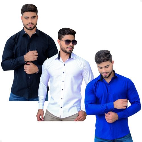 Kit 3 Camisa Camiseta Social Masculina Slim Justa Casual