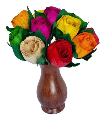 Rosas De Hoja De Maíz 12pz + Florero Artesanal 