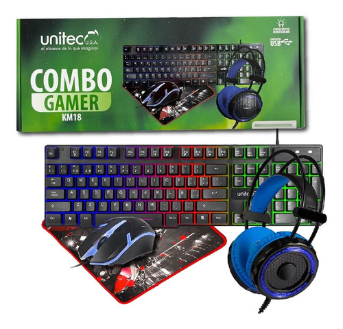 Combo Gamer 4 En 1 Unitec Km18 Luces Teclado Mouse Diadema