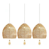 3 Pendente Fibra Natural Rattan Vime E27 Sala Nat15 + Led