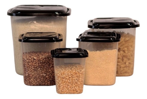 Kit 5 Potes Porta Mantimento Alimento Com Tampa Quadrado Cor Preto