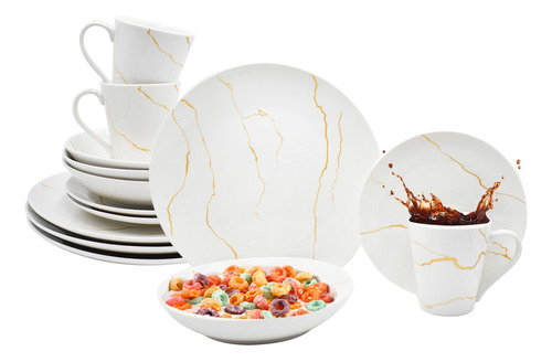 Vajilla Blanca Moderna Porcelana Marmol C Oro Kaiser 16pz 1768-16